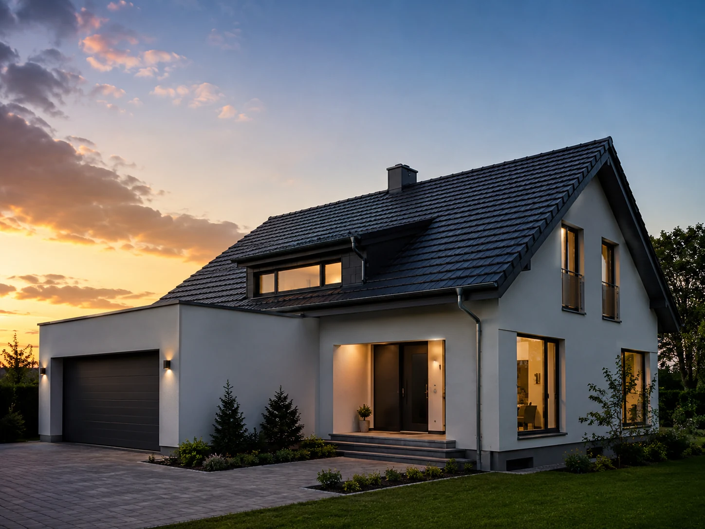Modernes Wohnhaus mit hochwertigem Dach im Abendlicht
